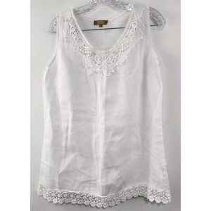 Carla Conti 100% Linen White Sleeveless Woman's Tank Top Medium Crochet Lace‎